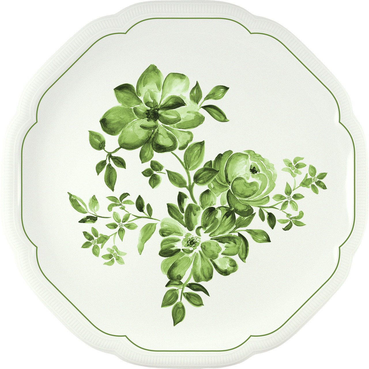 Floral Charm, Coupteller flach rund mit Relief ø 313 mm green